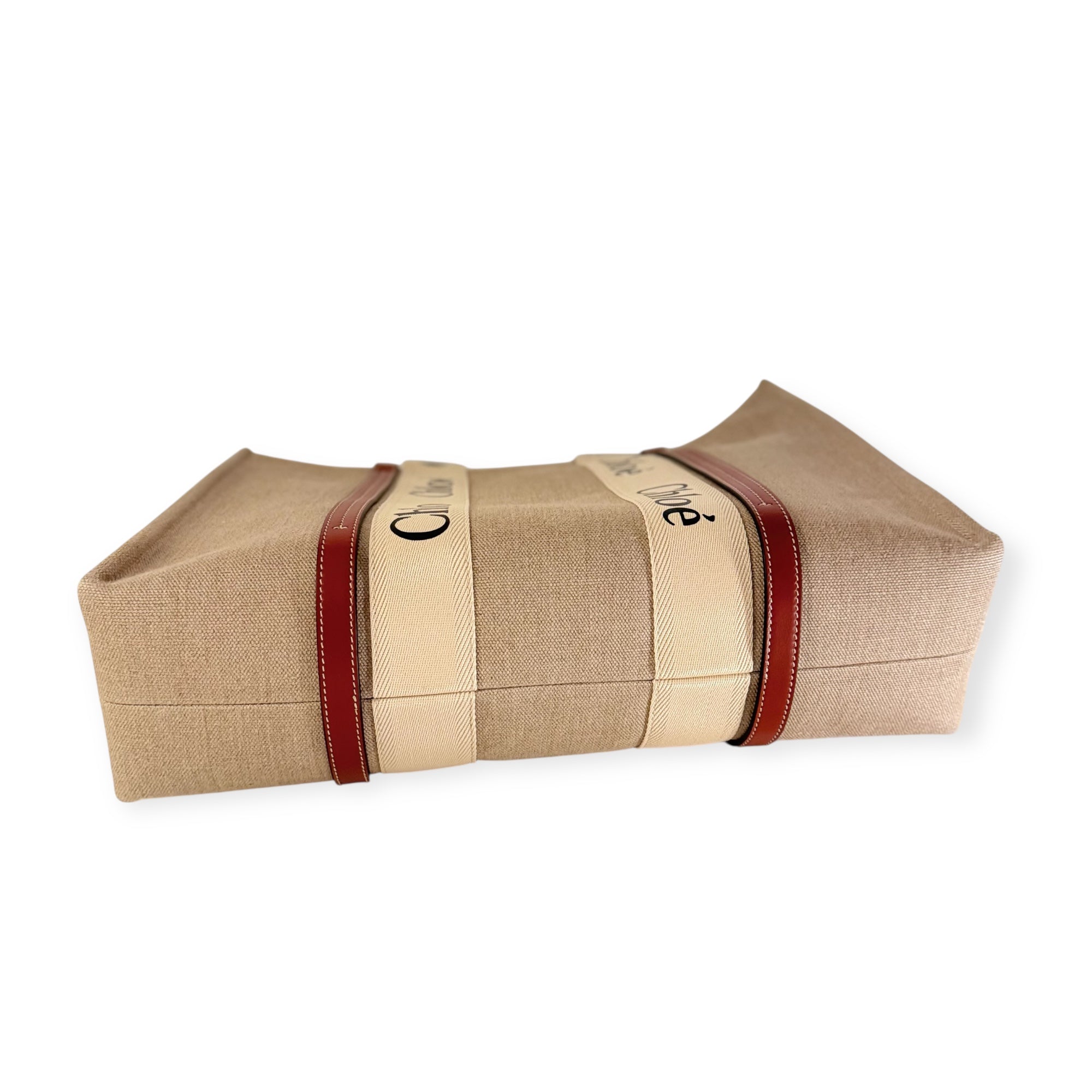 Chloe Linen Calfskin Large Woody Ribbon Tote White Brown