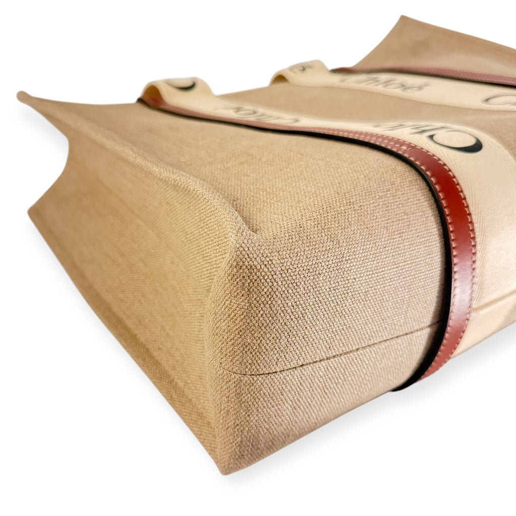 Chloe Linen Calfskin Large Woody Ribbon Tote White Brown