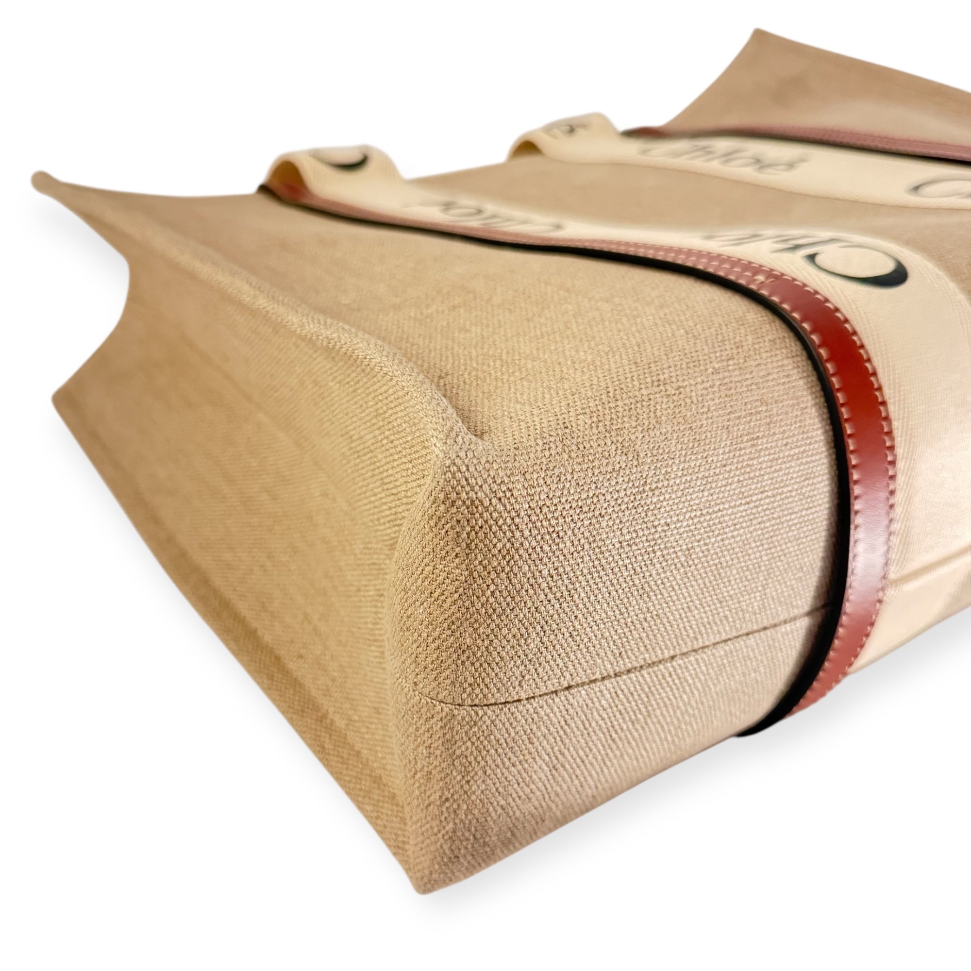 Chloe Linen Calfskin Large Woody Ribbon Tote White Brown