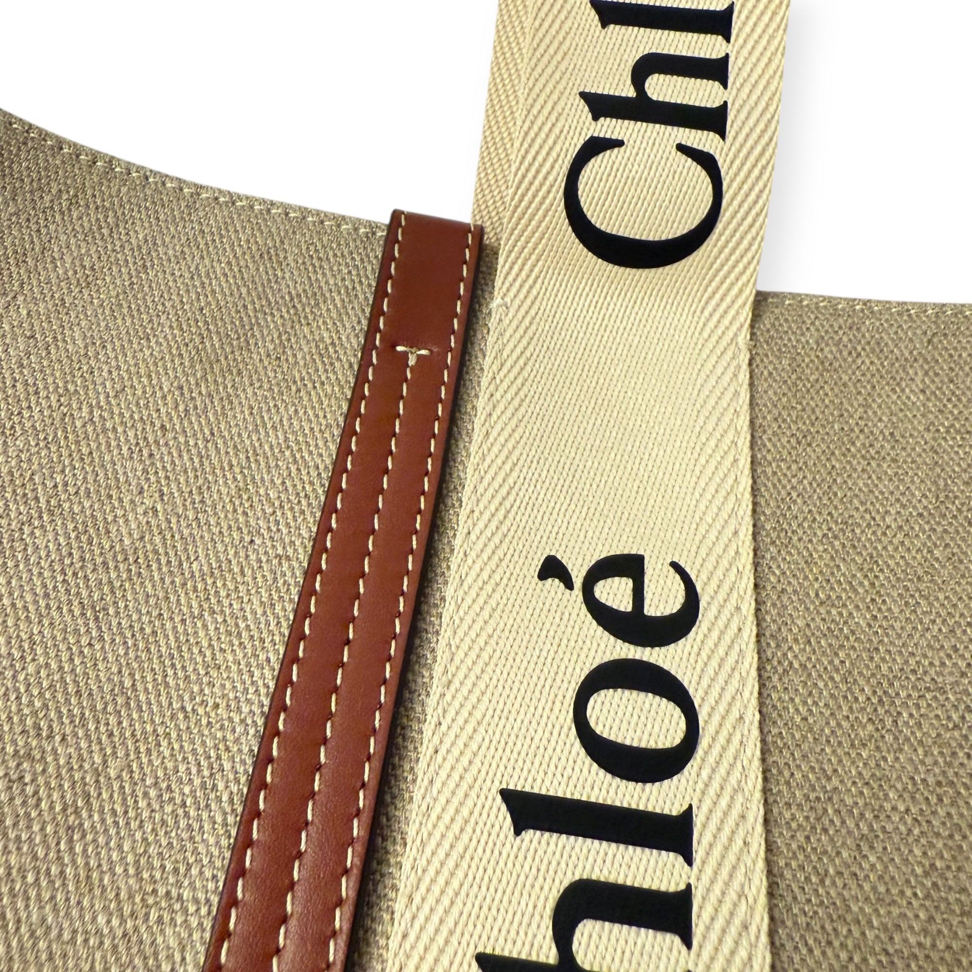 Chloe Linen Calfskin Large Woody Ribbon Tote White Brown